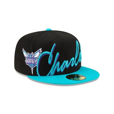 Black Charlotte Hornets Hat - New Era NBA Cursive 59FIFTY Fitted Caps USA7643981